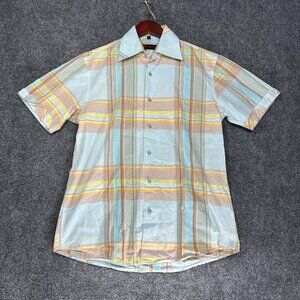 Ben Sherman Shirt Mens Small Button Up  Short Sleeve Blue Plaid Cotton